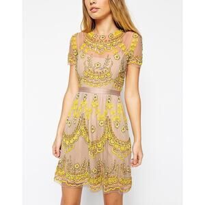 Embroidered Yellow Floral Mini Dress - Brand: